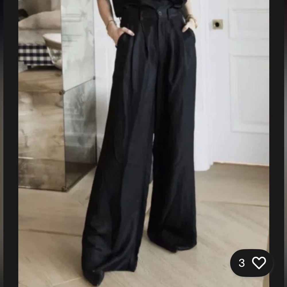 Anine Bing Carla Pleated Twill Wide Leg Trousers Pants Linen Blend Black Size 34